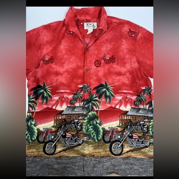 Ky's Red Harley Motorcycle & Palm Trees Hawaiian Button Down Large USA Hawaii - Picture 8 of 9